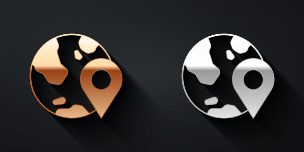 黄金和白银的位置在地球图标孤立的黑色背景。世界或土象星座。长影式。向量图片下载