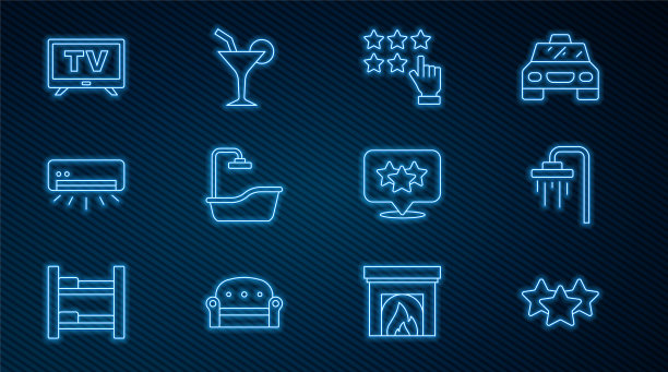 设置线星级评级，淋浴，浴缸，空调，智能电视和鸡尾酒图标。向量图片下载