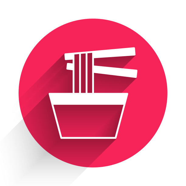 白色的亚洲面条在碗和筷子图标孤立的长阴影背景。街头快餐。韩国菜、日本菜、中国菜。红色圆圈按钮。向量图片下载