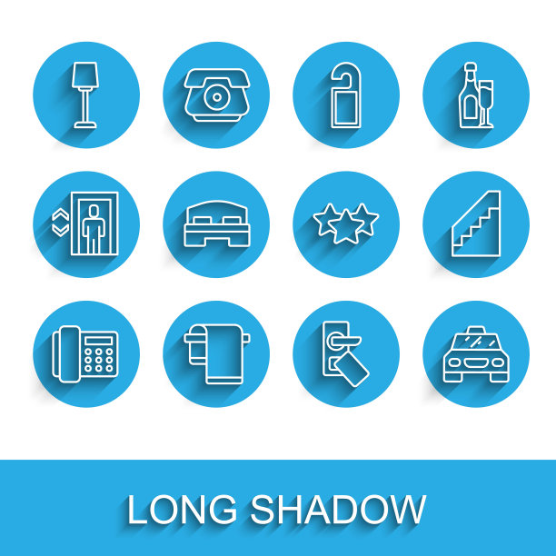 电话听筒，毛巾架，台灯，数码门锁，出租车，酒店客房床，楼梯，星级图标。向量图片下载