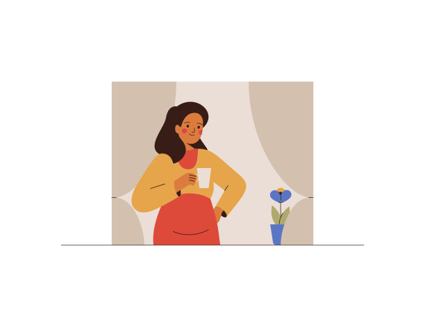 女人早上在窗边喝咖啡。女性在室外呼吸新鲜空气，端着一杯水。图片下载