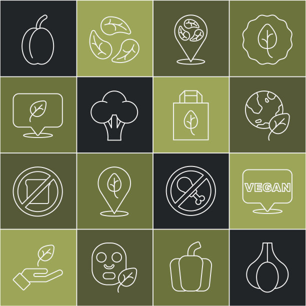 设置线大蒜，素食饮食，地球和叶子，西兰花，李子水果和购物袋与回收图标。向量图片下载
