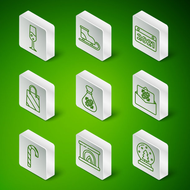 集线圣诞雪景球，室内壁炉，香槟杯，圣诞老人袋礼物，购物，花式溜冰鞋，拐杖糖和明信片图标。向量图片下载