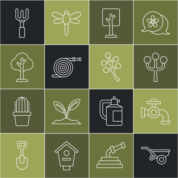 设置线独轮车与泥土，水龙头，开花树枝，森林，花园软管，耙子和图标。向量图片下载