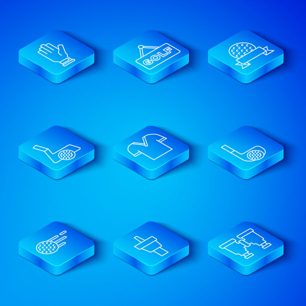 设置线高尔夫球，衬衫，tee，俱乐部与，手套和双筒望远镜图标。向量图片下载