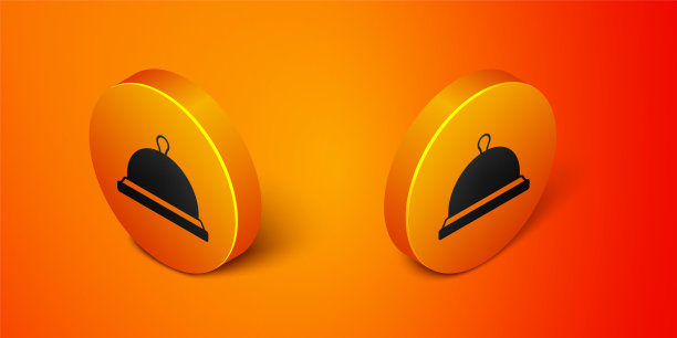 等距覆盖着一个托盘的食物图标隔离在橙色背景。托盘和盖子标志。带盖子的餐厅挂钟。橙色圆圈按钮。向量图片下载