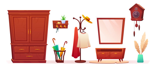 家庭走廊房间室内矢量家具套装图片下载