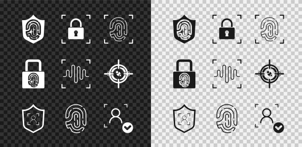 设置“指纹屏蔽”、“带锁”、“屏蔽人脸识别”、“人脸”和“语音”图标。向量图片下载