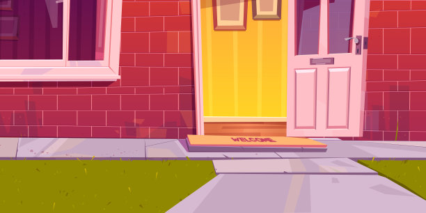 在开放的房子门附近的地板上的欢迎垫矢量图片下载