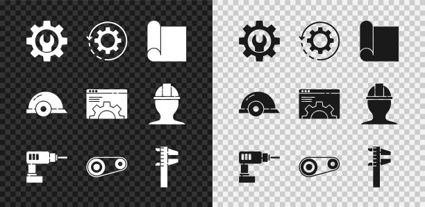 设置扳手扳手和齿轮，工程用绘图纸，电钻，正时皮带套件，卡钳卡尺，工人安全帽和浏览器设置图标。向量图片下载