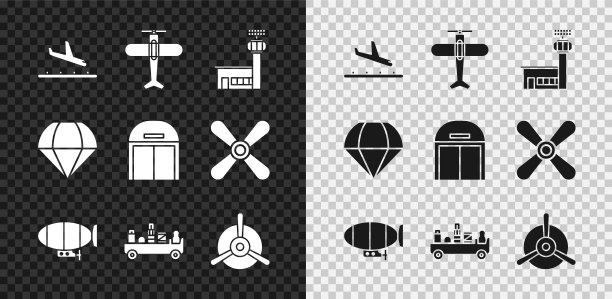 设置飞机着陆，机场控制塔，飞艇，行李拖车，螺旋桨，降落伞和飞机机库图标。向量图片下载