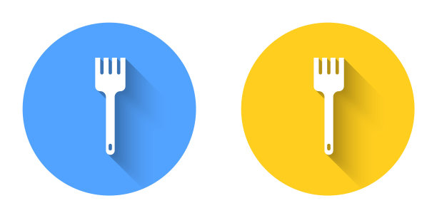 白色叉子图标与长阴影背景隔离。餐具的象征。圆按钮。向量图片下载