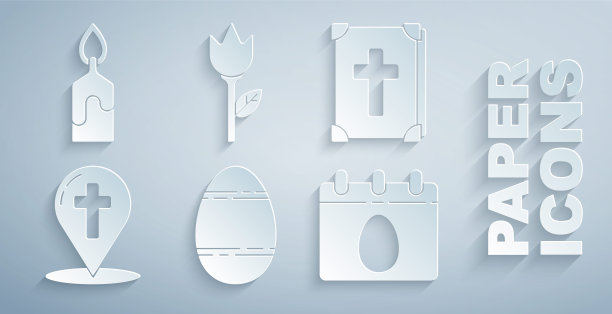 集复活节彩蛋，圣经书，地图指针与基督教十字架，日历，花郁金香和燃烧的蜡烛图标。向量图片下载