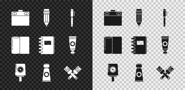 集平板电脑，铅笔与橡皮擦，喷雾罐喷嘴盖，管油漆调色板，交叉刷，纸巾卷和螺旋笔记本图标。向量图片下载