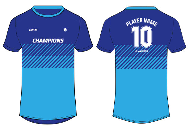 运动球衣t恤设计平面草图插图，条纹抽象印花圆领足球球衣概念与正面和背面的看法为板球，足球，排球和羽毛球制服套件图片下载