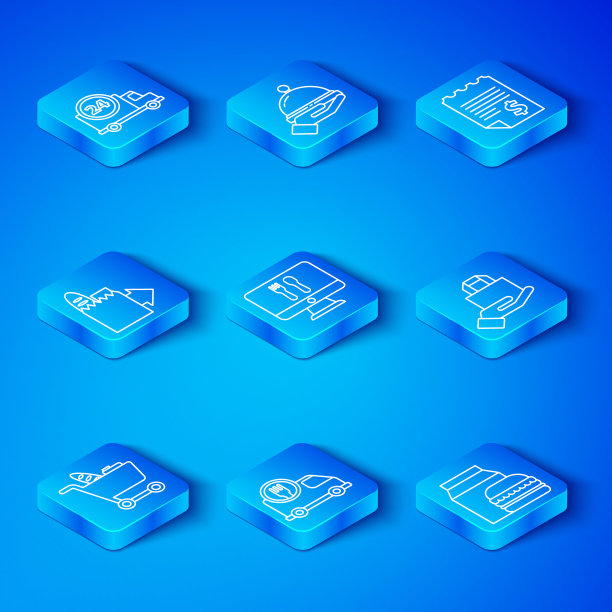 设置在线购物车和食品，在线订购送货，快速通过，纸质财务检查，汉堡图标。向量图片下载