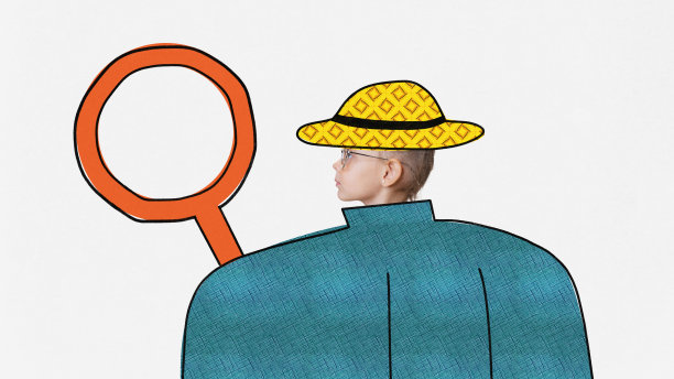 当代艺术拼贴画，一个可爱的小女孩穿着侦探服，在白色背景上拿着铅笔素描放大镜。调查图片下载