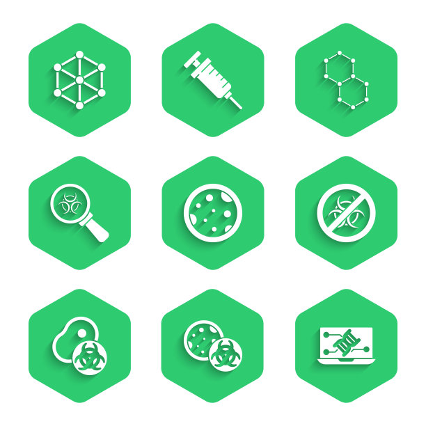 设置细菌培养皿，转基因生物，基因工程修改，停止，转基因肉，生物危害和放大镜，化学式和图标。向量图片下载