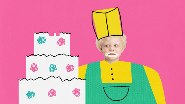 当代艺术拼贴画，一个穿着糖果师制服的可爱小男孩站在粉红色背景上的大铅笔素描蛋糕旁边。创作的艺术品图片下载