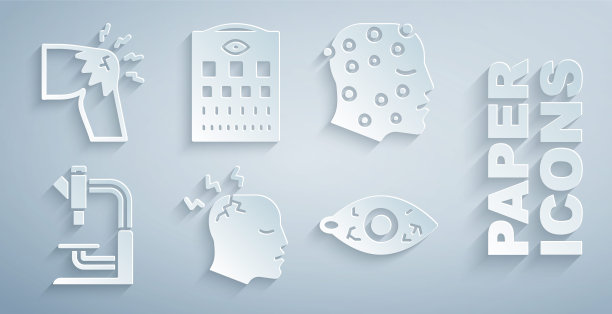 设置男人有头痛，牛皮癣或湿疹皮疹，显微镜，红眼睛，眼睛测试图表和关节疼痛，膝盖疼痛图标。向量图片下载