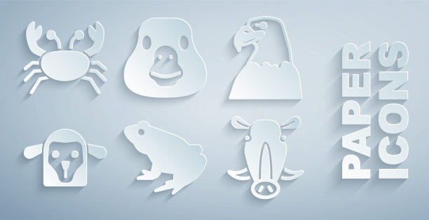 集青蛙，鹰头，羊，野猪，鹅鸟和螃蟹图标。向量图片下载