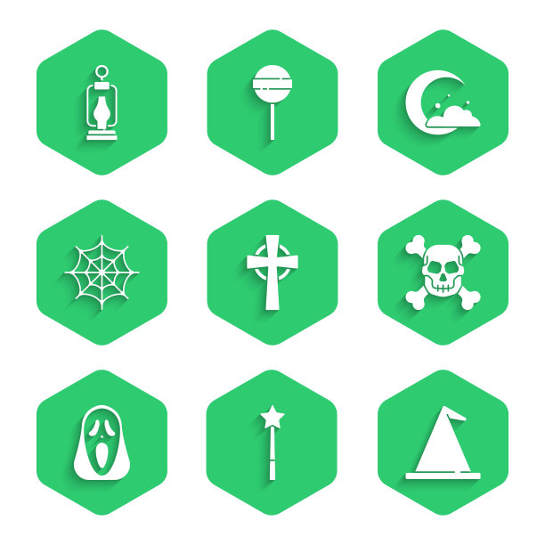 设置墓碑与十字架，魔杖，女巫帽，骷髅交叉，有趣的可怕的鬼面具，蜘蛛网，月亮星星和野营灯笼图标。向量图片下载