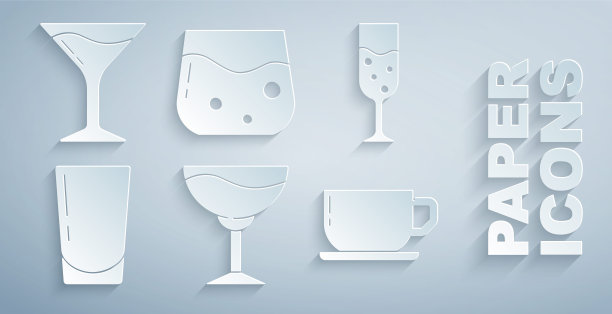 集酒杯，香槟杯，水，咖啡杯，威士忌和马提尼图标。向量图片下载