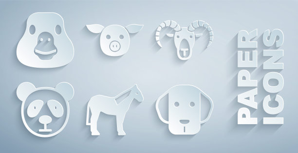 集马，羊头，可爱的熊猫脸，狗，猪和鹅鸟的图标。向量图片下载