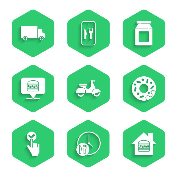 设置摩托车送货，24小时，在线订购和，甜甜圈，汉堡，和快速汽车图标。向量图片下载