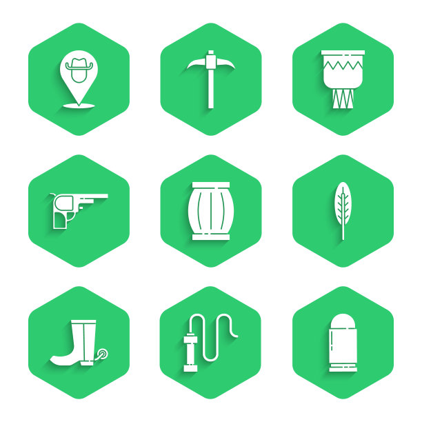 集枪粉末桶，皮鞭，子弹，印第安羽毛，牛仔靴，左轮手枪，鼓和位置牛仔图标。向量图片下载