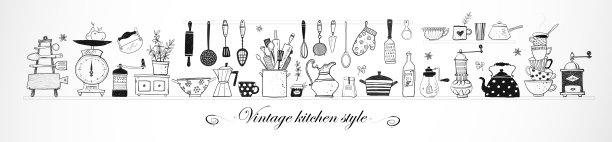 水平构图与复古涂鸦厨房用具在白色背景。矢量素描插图图片下载