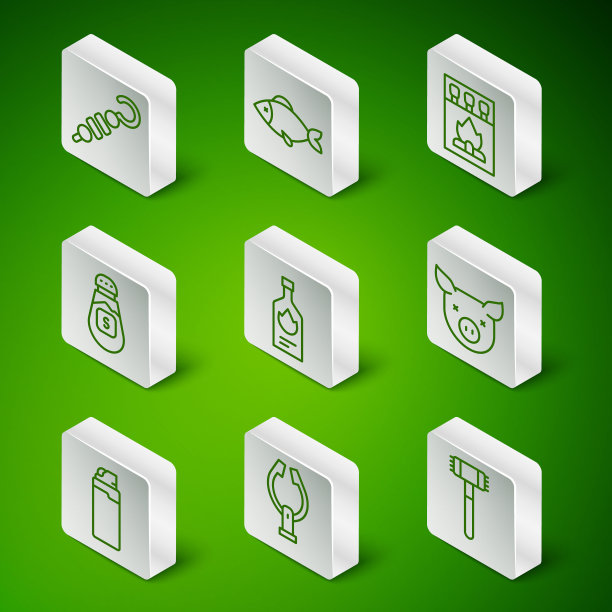 集线厨房锤子，肉钳，烤羊肉串，塔巴斯科酱，盐，鱼，打火机和猪图标。向量图片下载