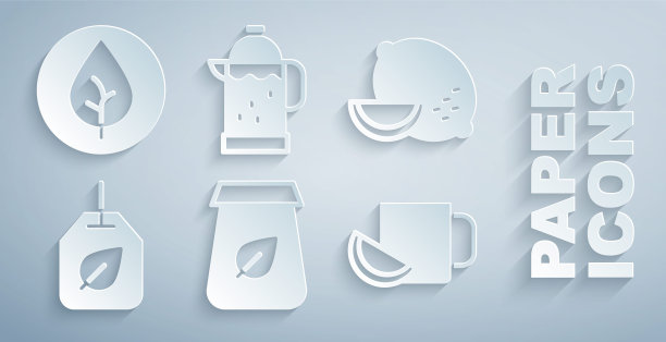 套装茶叶包装，柠檬，带叶子的袋子，柠檬茶杯，法式压滤机和图标。向量图片下载