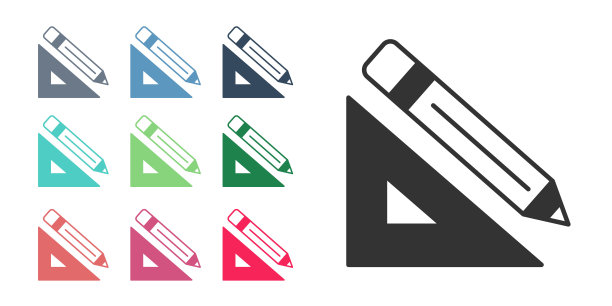 黑色三角形尺子和铅笔图标孤立的白色背景。直尺的象征。绘画和教育工具。设置图标彩色。向量图片下载