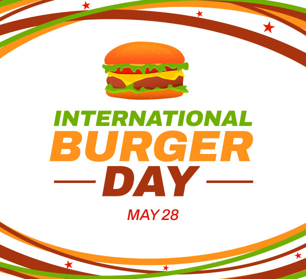 国际汉堡日壁纸与彩色形状和插图在中心。汉堡日排版背景图片下载