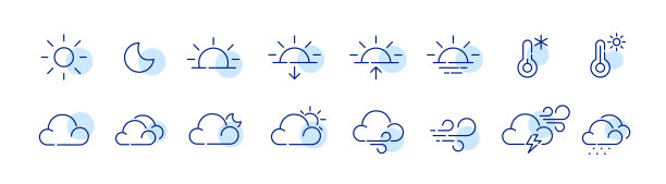 天气预报图标。晴，热，冷，多云或半多云，刮风，下雨。像素完美，可编辑的笔触图片下载