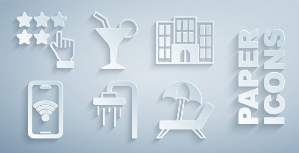 集淋浴，酒店大楼，移动与wi-fi无线，日光浴床伞，鸡尾酒和星级评级图标。向量图片下载