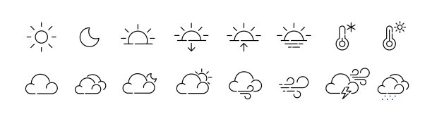 天气预报图标。晴，热，冷，多云或半多云，刮风，下雨。像素完美，可编辑的笔画图标图片下载