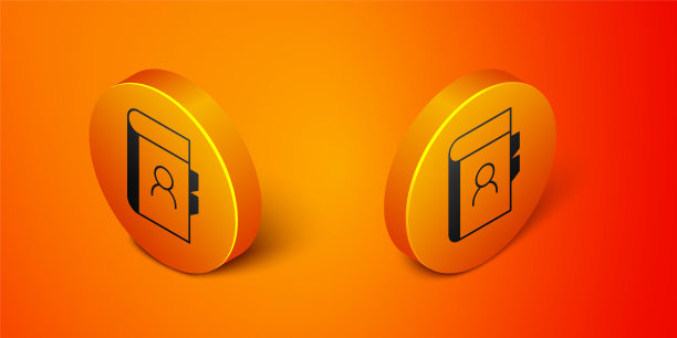 等距电话簿图标隔离在橙色背景。地址簿。电话簿。橙色圆圈按钮。向量图片下载