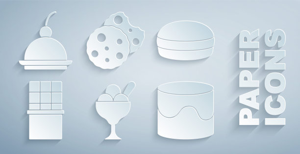 设置冰淇淋在碗，马卡龙饼干，巧克力棒，蛋糕，饼干或饼干和樱桃芝士蛋糕图标。向量图片下载