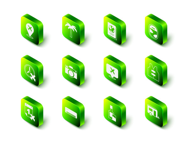 集热带棕榈树，护照，飞机窗口，救生衣，房车露营拖车，飞机，威士忌酒瓶和玻璃和空调图标语音气泡。向量图片下载