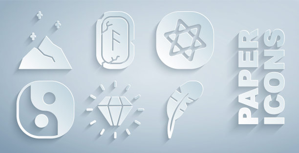 集钻石，塔罗牌，阴阳，羽毛笔，魔法符文和粉末图标。向量图片下载