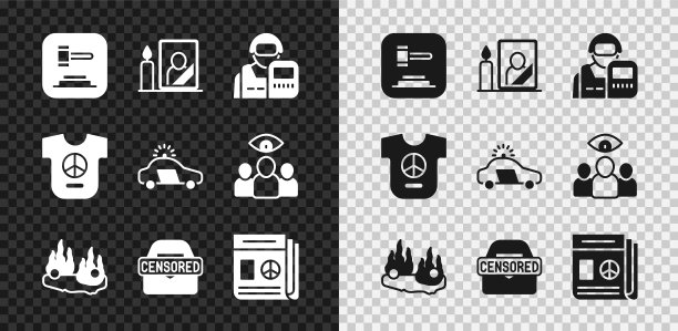 设置法官木槌，哀悼相框，警察，燃烧的汽车，审查邮票，新闻，和平和闪光图标。向量图片下载