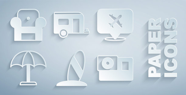 集冲浪板，带飞机的语音泡泡，遮阳伞，运动相机，房车露营拖车和扶手椅图标。向量图片下载