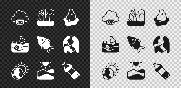 集二氧化碳排放于云，冰川融化，全球变暖，干旱，瓶装水，海洋污染问题和死鱼图标。向量图片下载