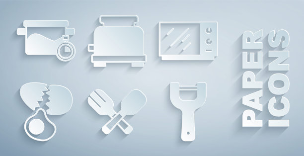 设置交叉叉和勺子，微波炉，破鸡蛋，蔬菜削皮器，烤面包机和烹饪锅图标。向量图片下载