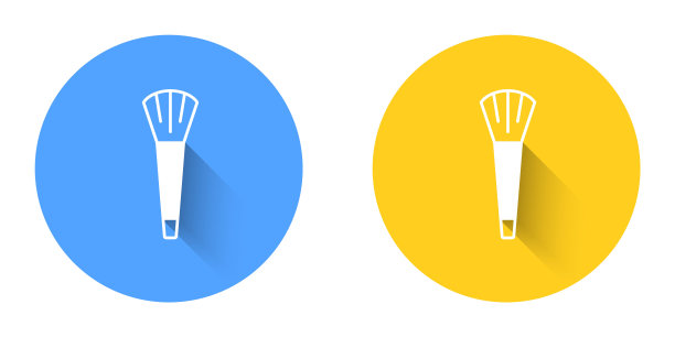 白色化妆刷图标孤立的长阴影背景。圆按钮。向量图片下载