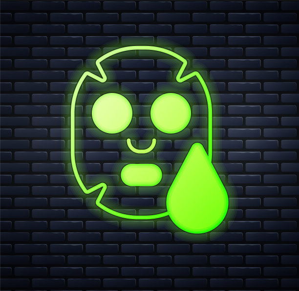 发光的霓虹灯面部美容面膜图标孤立的砖墙背景。美容、医药和保健。向量图片下载
