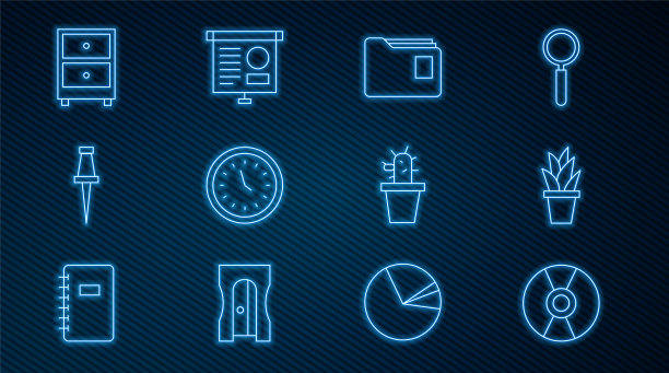 设置线CD或DVD磁盘，植物在锅，文件文件夹，时钟，推销，抽屉与文件，仙人掌和多肉和黑板图表图标。向量图片下载