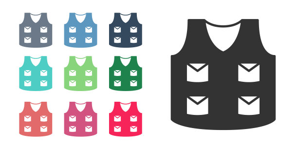 黑色钓鱼夹克图标孤立在白色背景。钓鱼背心。设置图标彩色。向量图片下载